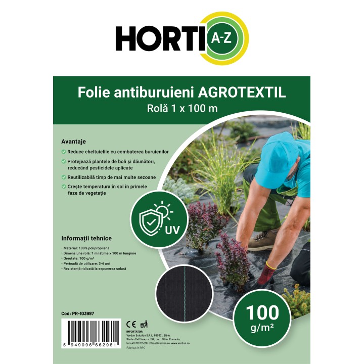 Folie antiburieni AGROTEXTIL HORTI A-Z, Rola 1 x 100 m, Greutate 100 gr/m2