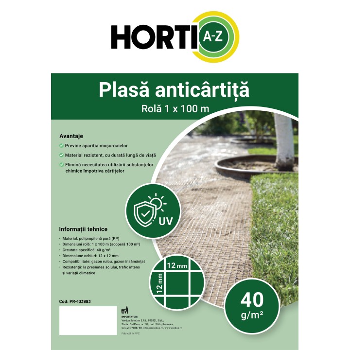 Plasa anticartita HORTI A-Z - rola 1 x 100 m, ochiuri 12x12 mm
