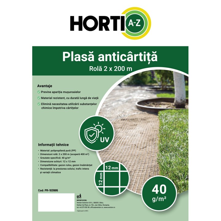 Plasa anticartita HORTI A-Z - rola 2 x 200 m, ochiuri 12x12 mm