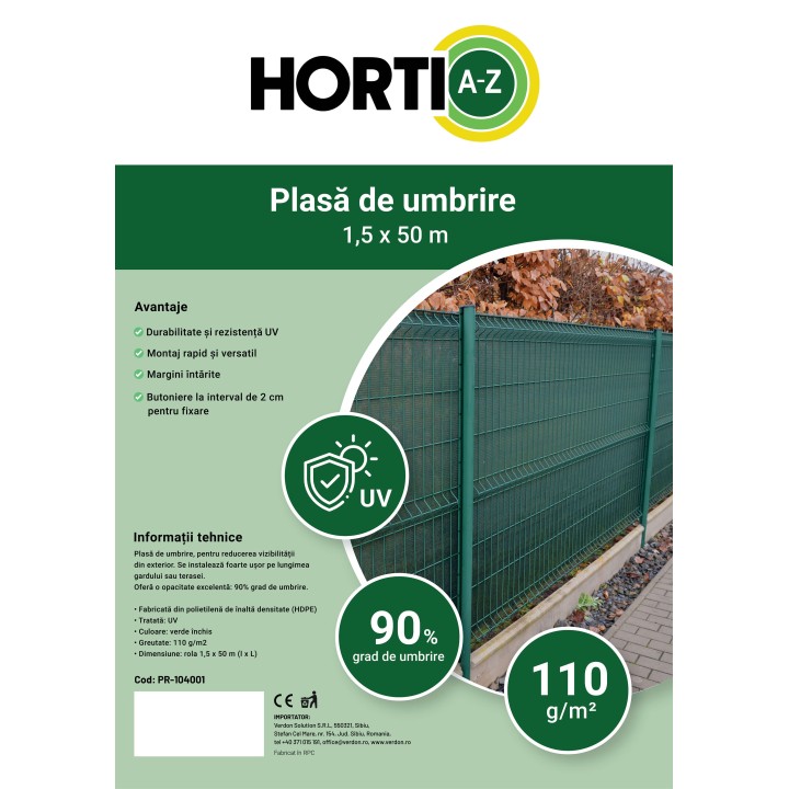 Plasa de umbrire gard HORTI A-Z, verde inchis 1,5 x 50 m, 90% grad umbrire