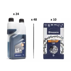 Pachet SMART-MIX 246 - Ulei amestec Husqvarna 2T (24 L) + Pile rotunde 5,5 mm (48 buc) + Lanturi X-Cut C85 45 cm (10 buc)