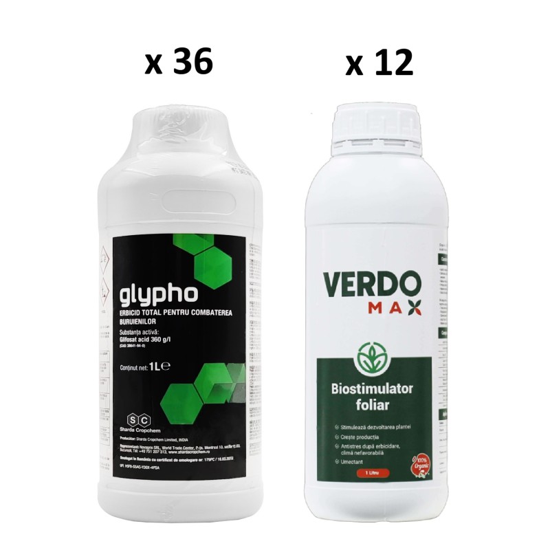 Pachet SMART-MIX 266 - Erbicid total GLYPHO 1 L (x36) + VERDOMAX 1 L (x12)