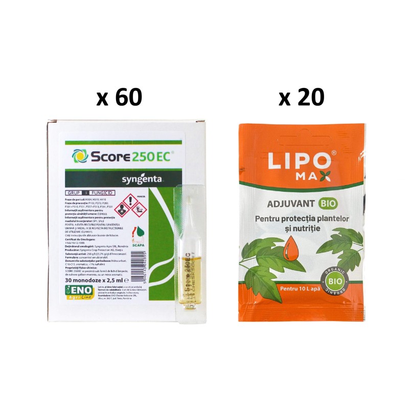 Pachet SMART-MIX 279 - Fungicid SCORE 250 EC 2,5 ml (x 60) + Adjuvant LIPOMAX 10 ml (x 20)