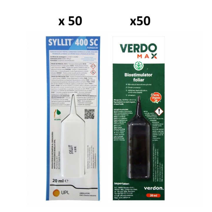 Pachet SMART-MIX 285 - Fungicid SYLLIT 400 SC, UPL 20 ml (x 50) + Biostimulator VERDOMAX 20 ml (x 50)