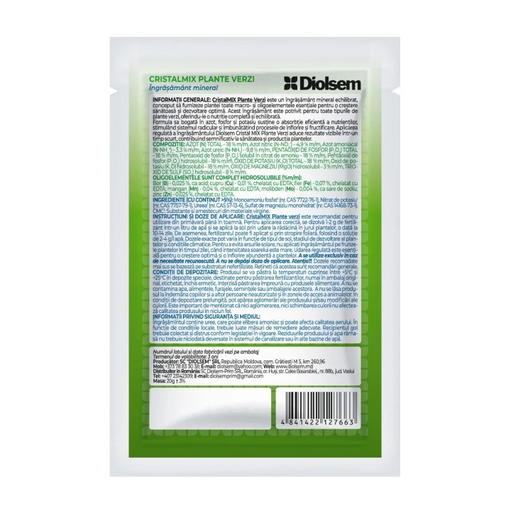 Ingrasamant hidrosolubil CristalMix Plante Verzi - 20 g, Diolsem