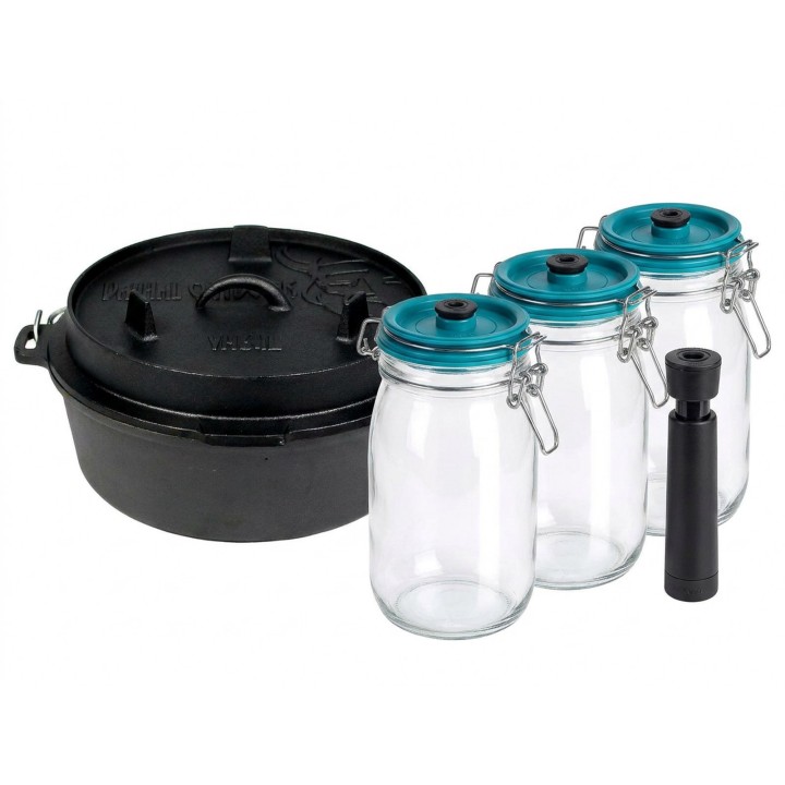 Pachet SMART-MIX 302 - Ceaun fonta VALHAL VH 6,1 Litri + Set 3 Borcane BORMIOLIO 1,5 Litri, cu Pompa si Capace vidare