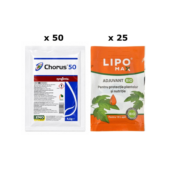 Pachet SMART-MIX 217 - Fungicid CHORUS 50 WG® 4,5 g (x 50) + Adjuvant LIPOMAX® 10 ml (x 25)