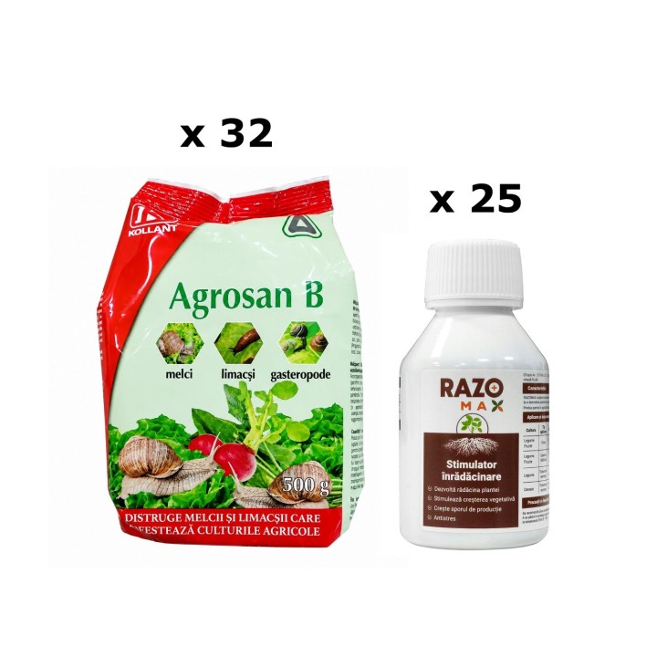 Pachet SMART-MIX 324 - Moluscocid AGROSAN B 500 g (x 32 buc) + RAZOMAX PLUS 100 ml (x 25 buc)