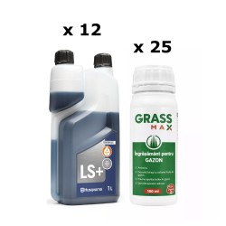 Pachet SMART-MIX 340 - Ulei amestec HUSQVARNA LS+ 2 Timpi 1 L (x 12 buc) + Ingrasamant foliar Gazon GRASSMAX® 100 ml (x 25 buc)
