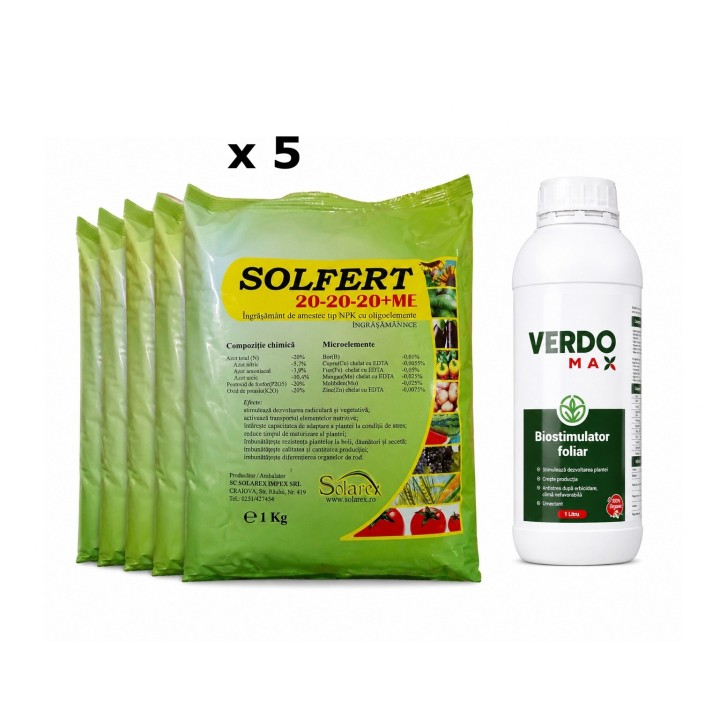Pachet SMART-MIX 344 - SOLFERT 20-20-20 + Me 1 kg (x 5) + Biostimulator VERDOMAX® 1 Litru