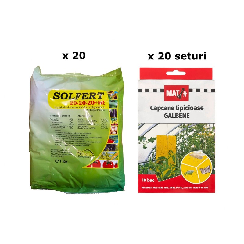 Pachet SMART-MIX 345 - SOLFERT 20-20-20 + Me 1 kg (x 20) + Capcane lipicioase galbene MAT (x 20)