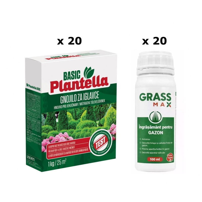 Pachet SMART-MIX 346 - Ingrasamant conifere PLANTELLA BASIC 1 kg (x 20) + Ingrasamant Gazon GRASSMAX® 100 ml (x 20)