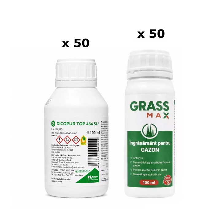 Pachet SMART-MIX 337 - DICOPUR TOP 464 SL 100 ml (x 50) + Ingrasamant Gazon GRASSMAX® 100 ml (x 50 buc)