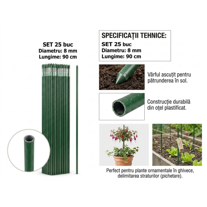 Araci din otel plastificat, HORTI A-Z, 8 mm x 90 cm - set 25 buc