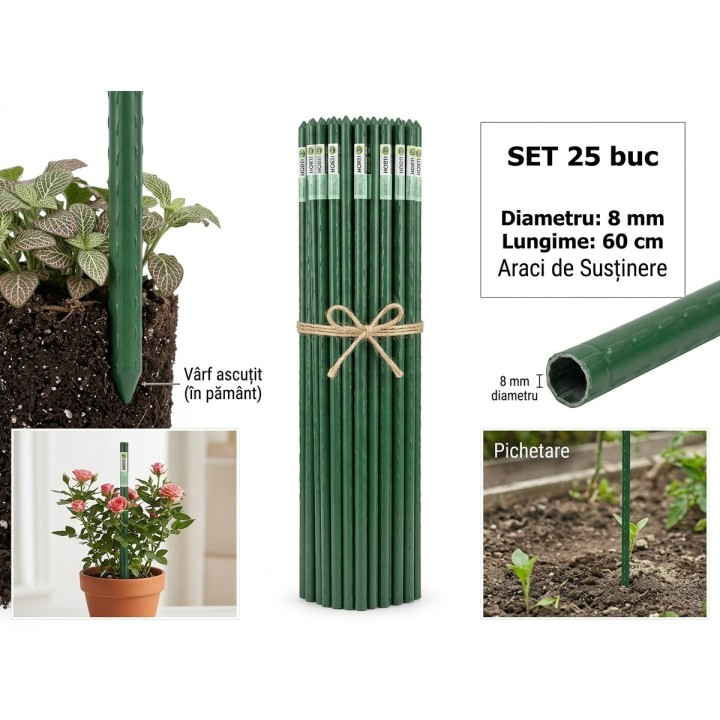 Araci din otel plastificat, HORTI A-Z, 8 mm x 60 cm - set 25 buc