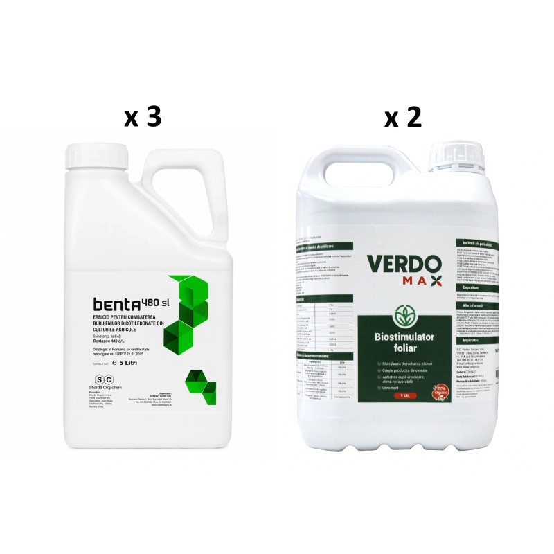 Pachet SMART-MIX 351 - Erbicid BENTA 5 L (x 3 buc) + Biostimulator VERDOMAX® 5 Litri (x 2 buc), Suprafata 5 ha