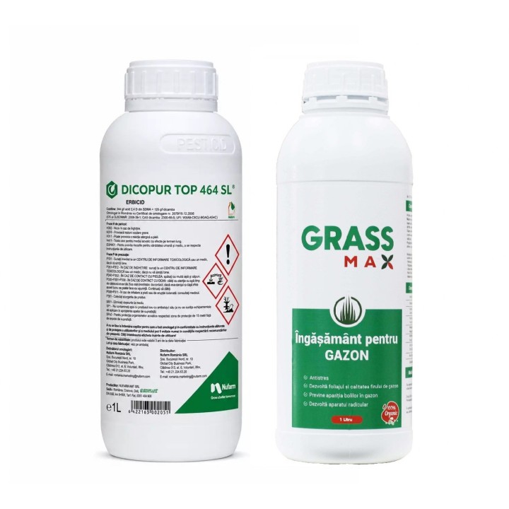 Pachet SMART-MIX 362 - Erbicid DICOPUR TOP 464 SL 1 Litru + Ingrasamant Gazon GRASSMAX 1 Litru