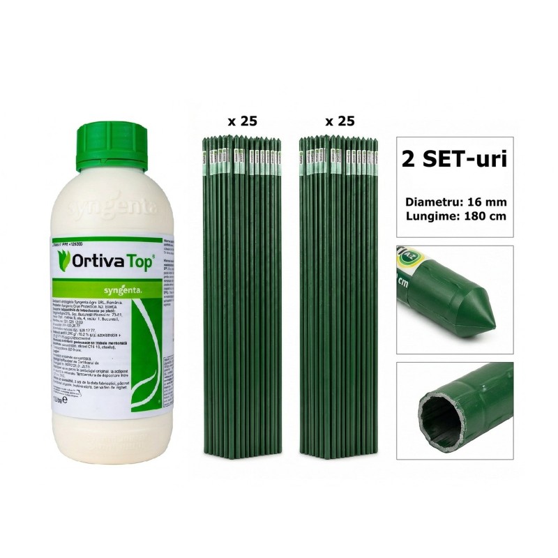 Pachet SMART-MIX 364 - Fungicid ORTIVA TOP, 1 Litru + Araci din otel plastificat HORTI A-Z 16 mm x 180 cm (2 seturi x 25 buc)