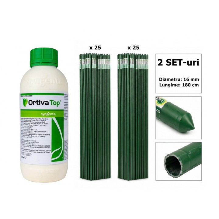 Pachet SMART-MIX 364 - Fungicid ORTIVA TOP, 1 Litru + Araci din otel plastificat HORTI A-Z 16 mm x 180 cm (2 seturi x 25 buc)