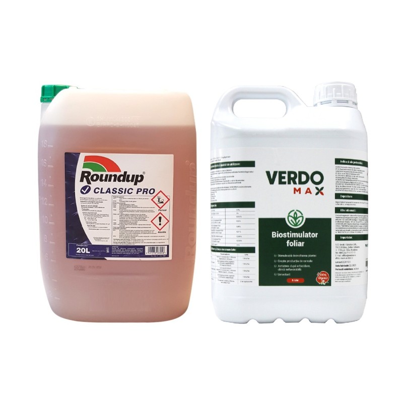 Pachet SMART-MIX 367 - Erbicid total ROUNDUP CLASSIC PRO 20 Litri + Biostimulator VERDOMAX 5 Litri