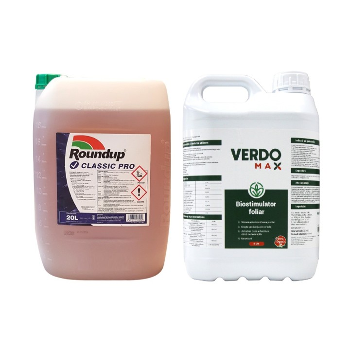 Pachet SMART-MIX 367 - Erbicid total ROUNDUP CLASSIC PRO 20 Litri + Biostimulator VERDOMAX 5 Litri