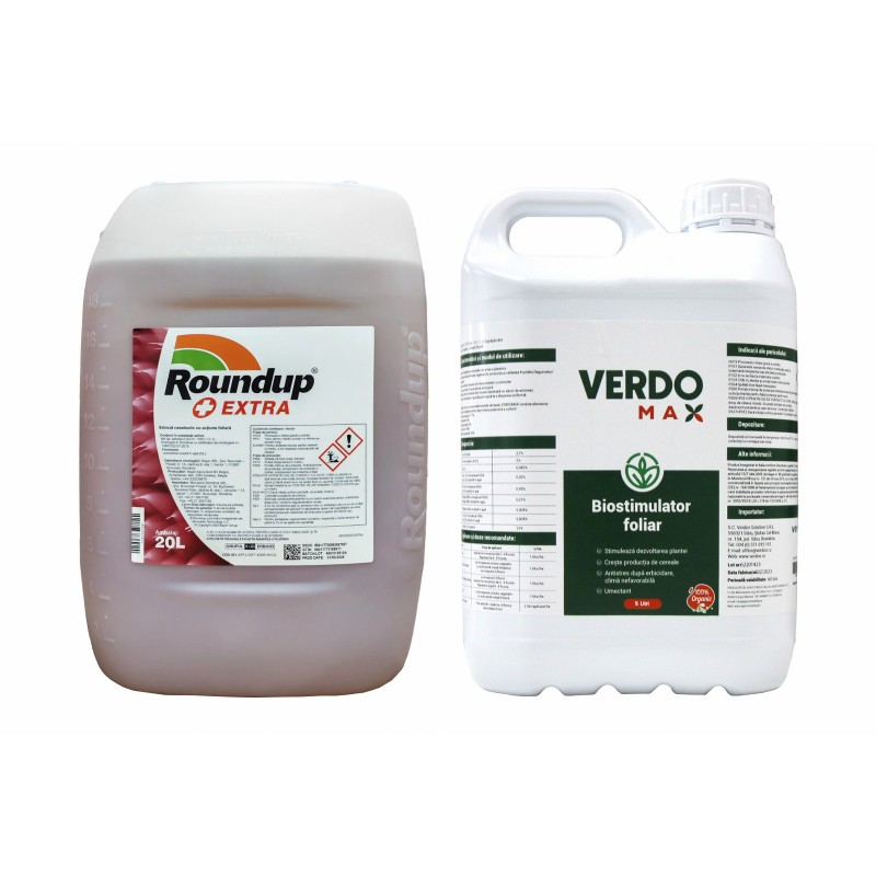 Pachet SMART-MIX 367 - Erbicid total ROUNDUP EXTRA 20 Litri + Biostimulator VERDOMAX 5 Litri