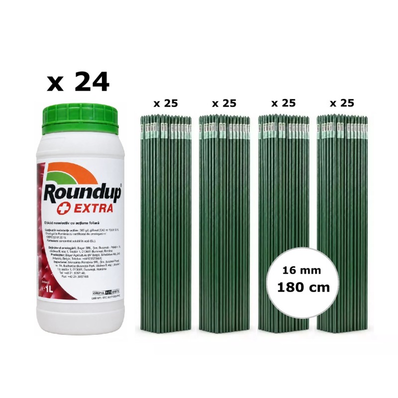 Pachet SMART-MIX 370 - Erbicid ROUNDUP EXTRA 1 L (x 24 buc) + Araci HORTI A-Z 16 mm x 180 cm (4 seturi x 25 buc)