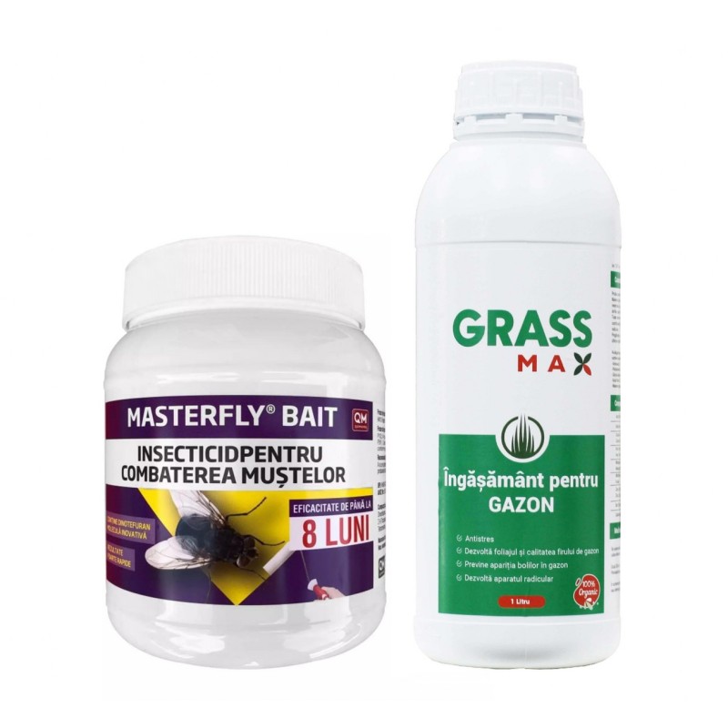 Pachet SMART-MIX 373 - Insecticid muste MASTERFLY® BAIT 125 g + Ingrasasamant gazon Premium GRASSMAX® 1 Litru
