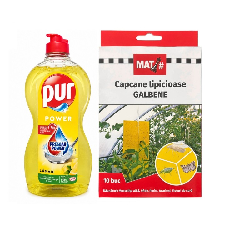 Pachet SMART-MIX 376 - PUR Power Detergent vase Lamaie 450 ml + Set 10 Capcane lipicioase galbene MAT