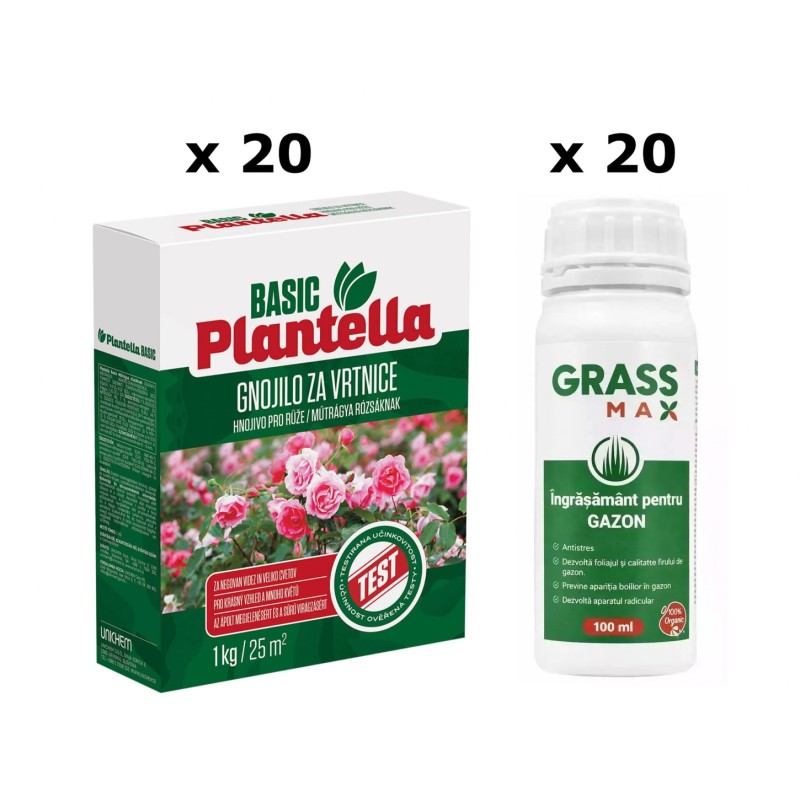 Pachet SMART-MIX 386 - Ingrasamant Trandafiri PLANTELLA BASIC 1 kg (x 20 buc) + Ingrasamant Gazon GRASSMAX® 100 ml (x 20 buc)