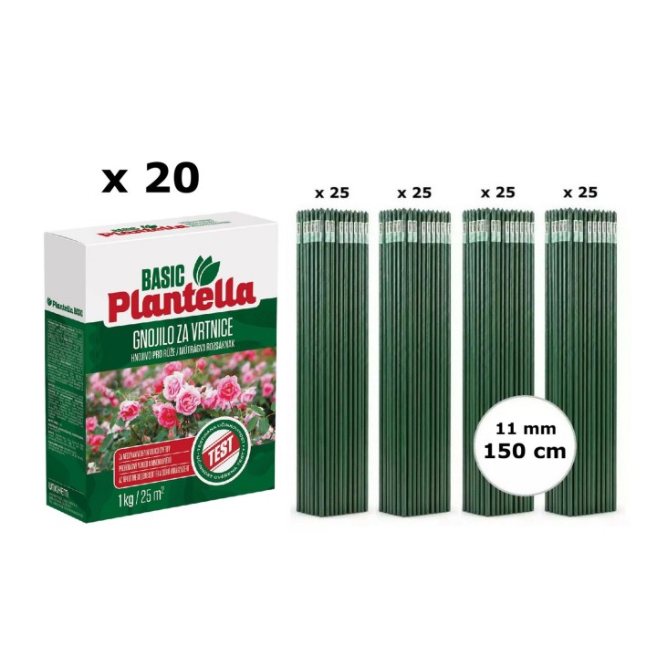 Pachet SMART-MIX 387 - Ingrasamant Trandafiri PLANTELLA BASIC 1 kg (x 20 buc) + Araci HORTI A-Z 11 mm x 150 cm (4 x 25 buc)