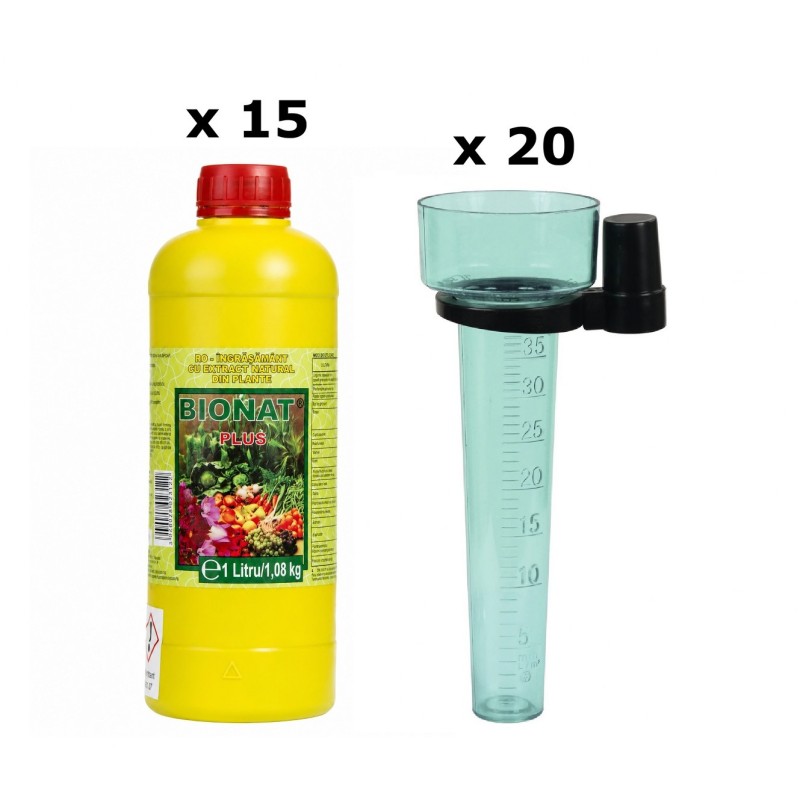 Pachet SMART-MIX 401 - Ingrasamant foliar BIONAT 1 L (x 15 buc) + Pluviometru gradat Horti A-Z 350 ml (x 20 buc)
