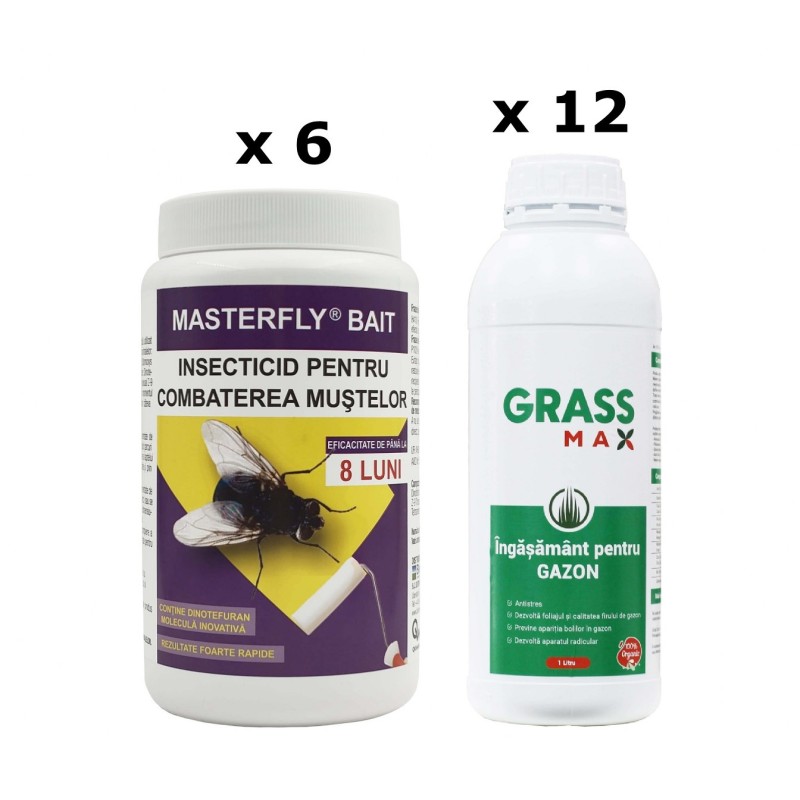 Pachet SMART-MIX 411 - Insecticid MASTERFLY® BAIT 500 g (x 6 buc) + GRASSMAX® Ingrasamant Gazon (x 12 buc)