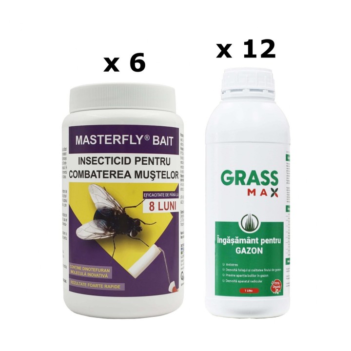 Pachet SMART-MIX 411 - Insecticid MASTERFLY® BAIT 500 g (x 6 buc) + GRASSMAX® Ingrasamant Gazon (x 12 buc)