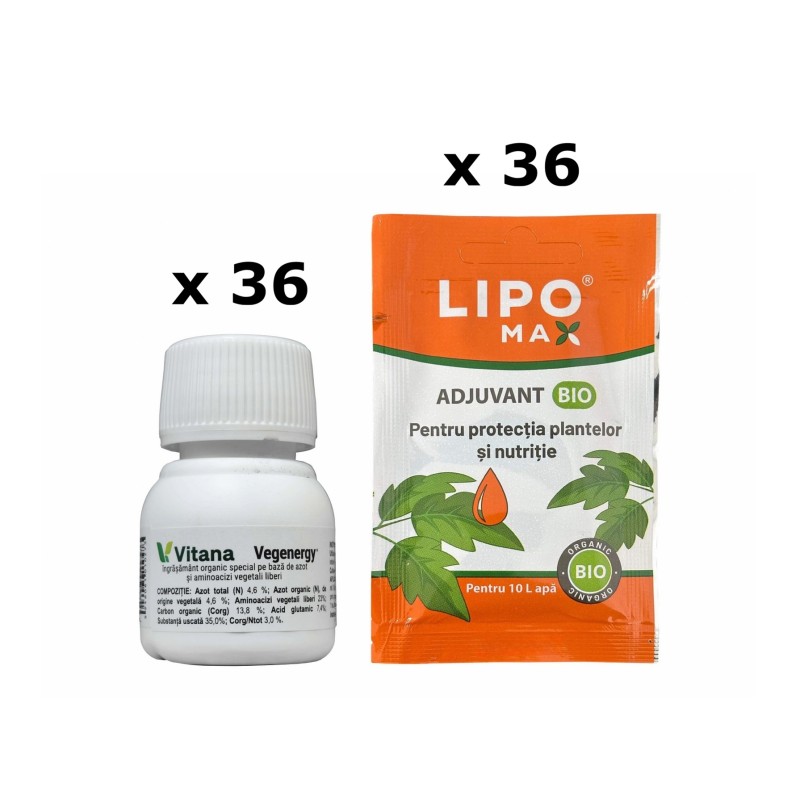Pachet SMART-MIX 415 - Ingrasamant foliar VEGENERGY, Vitana 25 ml (x 36 buc) + Adjuvant LIPOMAX® 10 ml (x 36 buc)