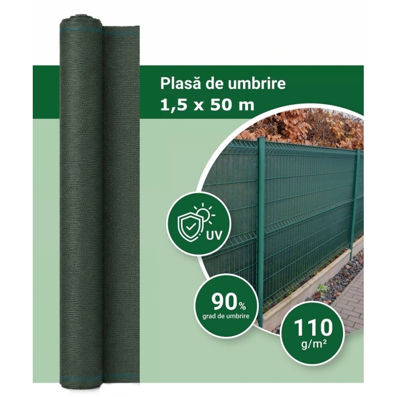 Plasa Umbrire Gard HORTI A-Z, Rola 1,5 x 50 m, 90% Grad umbrire, Verde, 110 g/m², Tratata UV