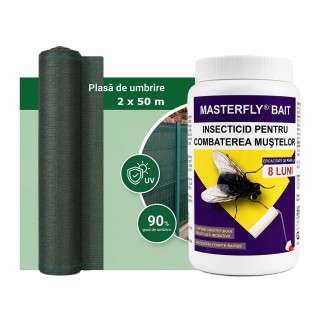 Pachet SMART-MIX 427 - Insecticid muste MASTERFLY® BAIT 500 g + Plasa umbrire gard HORTI A-Z 2 x 50 m