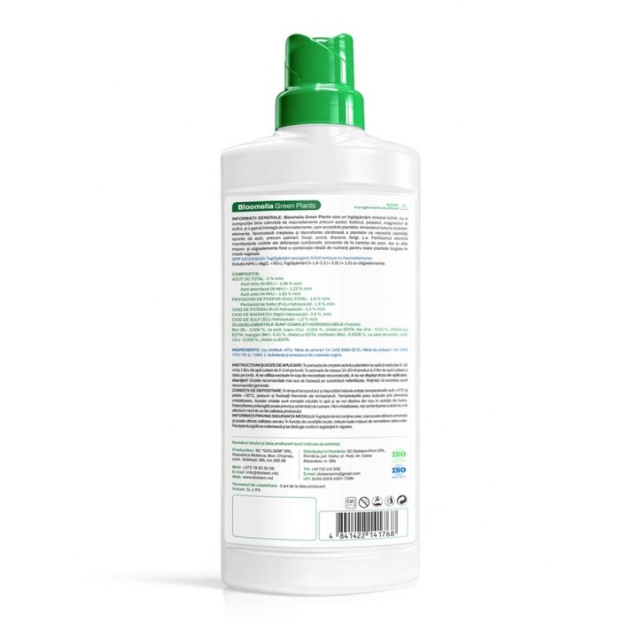 BLOOMELIA GREEN PLANTS - 1 L, Ingrasamant mineral lichid plante verzi, NPK cu magneziu si microelemente