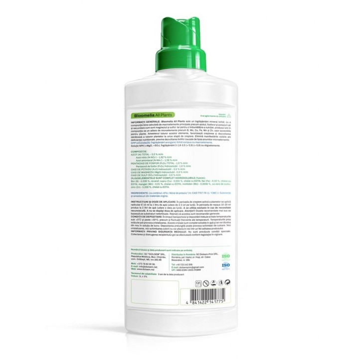 BLOOMELIA ALL PLANTS - 1 L, Ingrasamant mineral lichid pentru toate plantele de interior si exterior, NPK cu microelemente