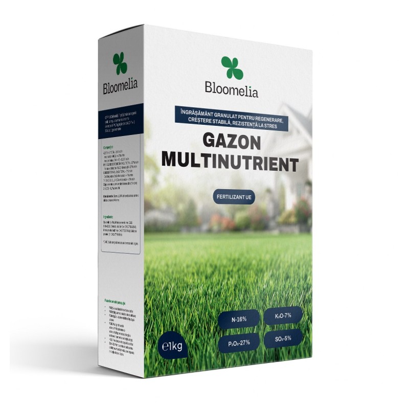 BLOOMELIA GAZON MULTINUTRIENT - 1 kg, Ingrasamant granulat NPK pentru gazon des, verde intens si crestere uniforma