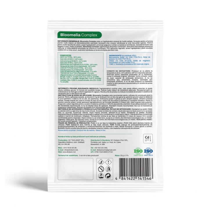 BLOOMELIA COMPLEX 20 gr - Ingrasamant hidrosolubil NPK 18-18-18 cu magneziu si oligoelemente pentru legume, fructe si toate tipu