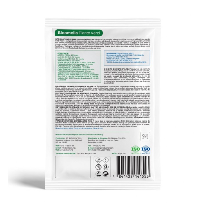 BLOOMELIA PLANTE VERZI - 20 gr, Ingrasamant hidrosolubil echilibrat NPK cu Macro, Microelemente pentru plante verzi