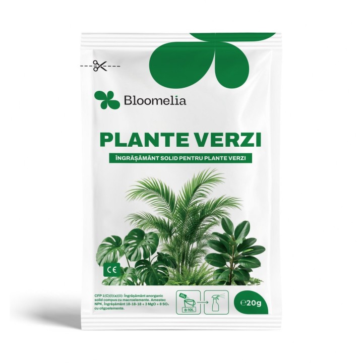 BLOOMELIA PLANTE VERZI - 20 gr, Ingrasamant hidrosolubil echilibrat NPK cu Macro, Microelemente pentru plante verzi
