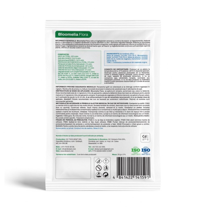 BLOOMELIA FLORA 20 gr - Ingrasamant hidrosolubil pentru plante cu flori, NPK 15-5-30 + magneziu, sulf si microelemente