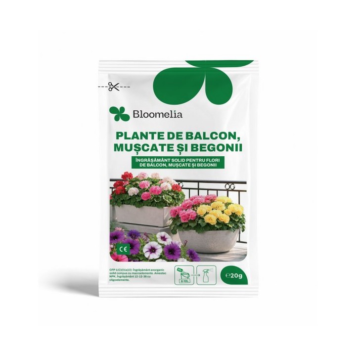 BLOOMELIA PLANTE DE BALCON, MUSCATE, BEGONII - 20 gr - Ingrasamant hidrosolubil NPK 12-12-36 cu oligoelemente pentru inflorire a