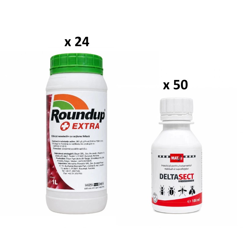 Pachet SMART-MIX 434 - Erbicid Total ROUNDUP EXTRA - 1 Litru (x 24 buc) + Insecticid DELTASECT - 100 ml (x 50 buc)