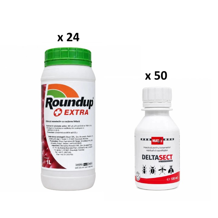 Pachet SMART-MIX 434 - Erbicid Total ROUNDUP EXTRA - 1 Litru (x 24 buc) + Insecticid DELTASECT - 100 ml (x 50 buc)