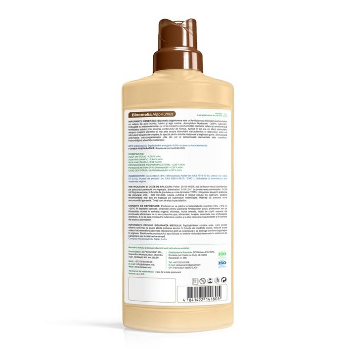 BLOOMELIA ALGOHUMUS - 1 L, Biostimulator organic, Acizi humici, Fulvici, Alge marine Ascophyllum nodosum si NPK
