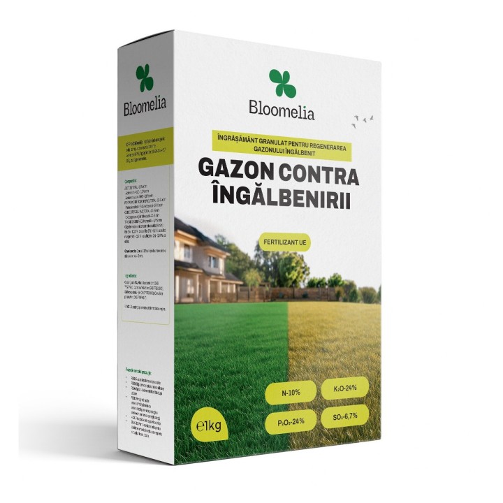 BLOOMELIA Gazon Contra Ingalbenirii 1 kg - Ingrasamant Granulat NPK 10-24-24 pentru Gazon Verde, Des si Sanatos