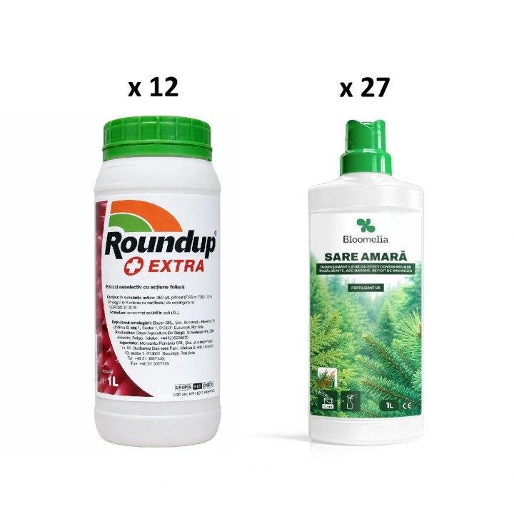 Pachet SMART-MIX 435 - Erbicid Total ROUNDUP EXTRA - 1 Litru (x 12 buc) + BLOOMELIA SARE AMARA - 1 L (x 27 buc)